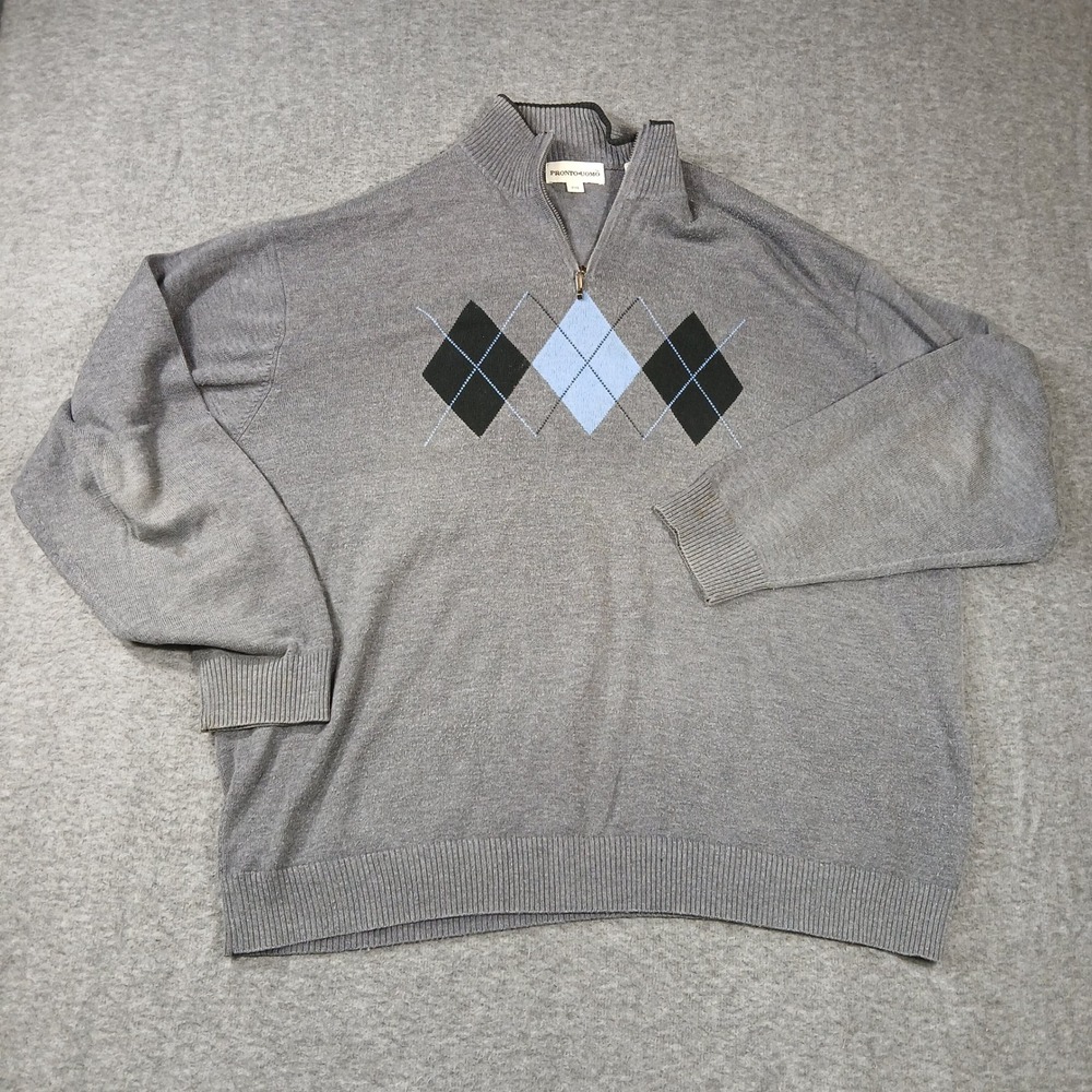 Pronto Uomo Mens XXL Grey Argyle Quarter Zip Sweater Cotton‎ Blend Pullover